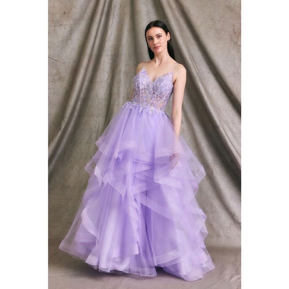 Unbranded Lilac Purple Layered Tulle Floral Appliqué Rhinestone Accent Formal Pr